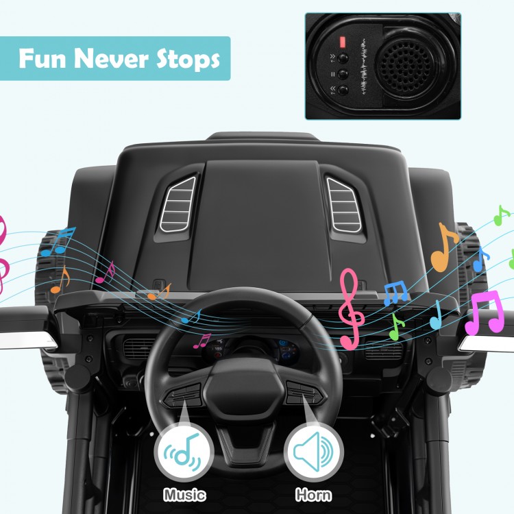 Dashboard view of the 12V kids ride-on truck car with music and horn buttons, designed for safe and fun driving.
