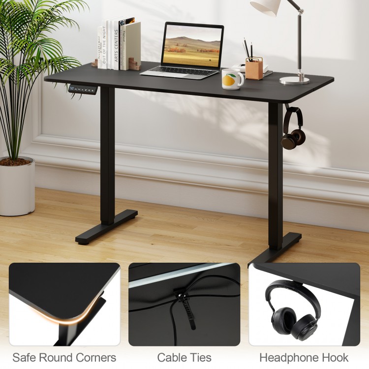 Ergonomic electric standing desk in black, 48" x 24", with memory settings, headphone hook, and rounded corners for.