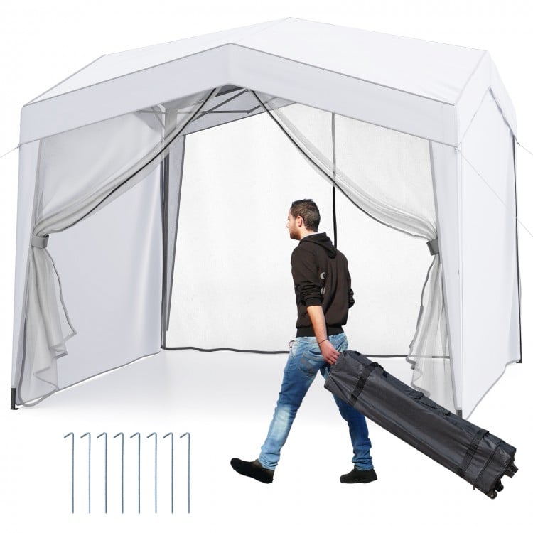 Pop up canopy tent with 4 sidewalls and mesh netting, portable wheeled bag for easy transport, ideal for outdoor events.