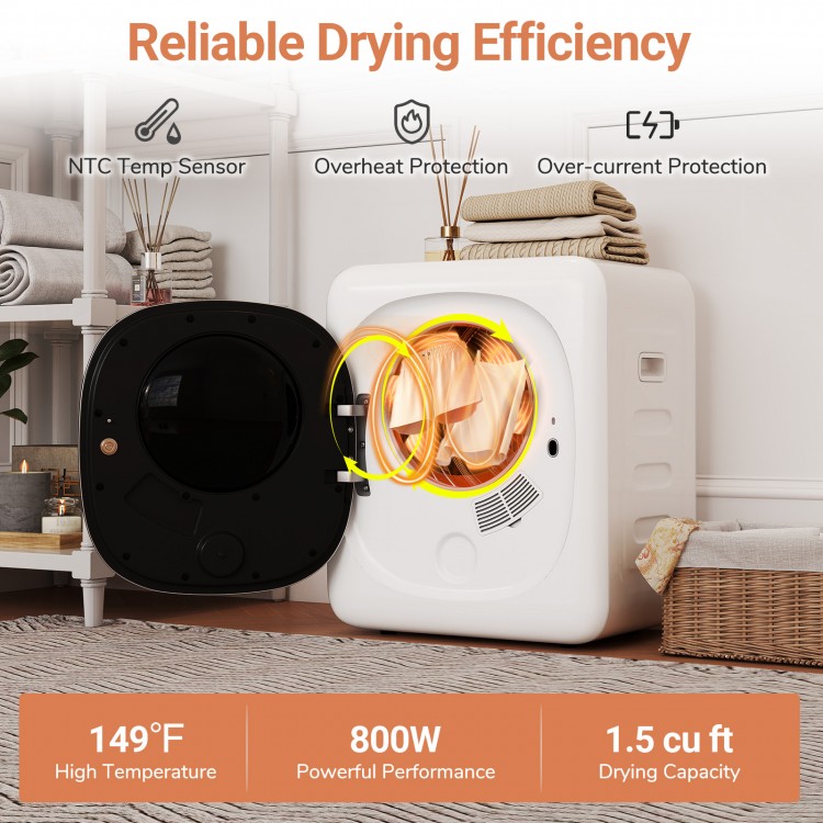 Compact 800W portable clothes dryer with 1.5 cu.ft capacity, LED touch panel, and stainless steel drum for efficient.