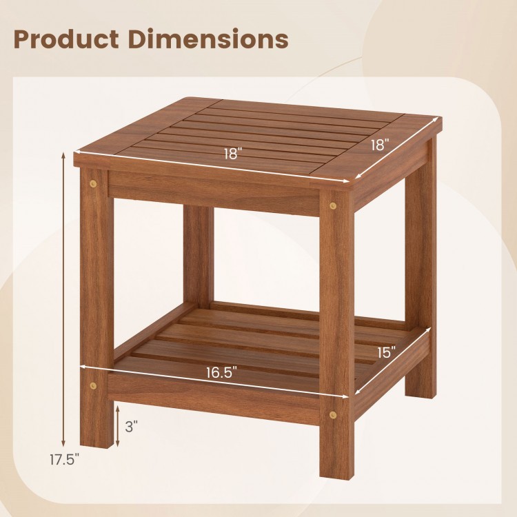 2-Tier outdoor side table with storage shelf, solid wood, waterproof finish, ideal for patio or garden use.