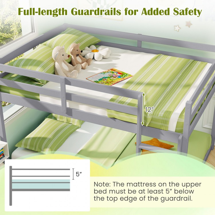 Full over full gray bunk bed with solid wood frame, full-length guardrails, and integrated ladder for kids' safety.