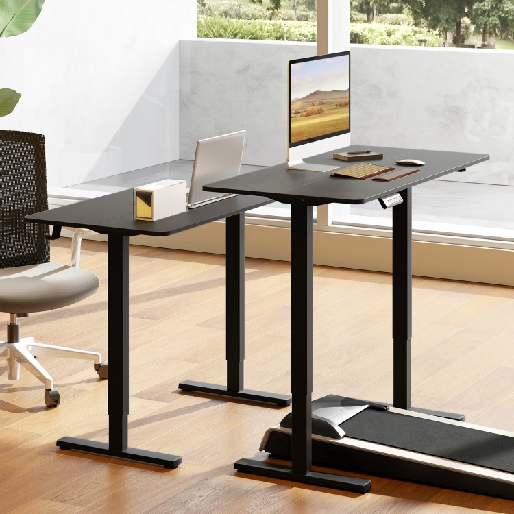 Close-up view of the ergonomic electric standing desk's quiet motor and robust metal frame supporting up to 200 lbs.