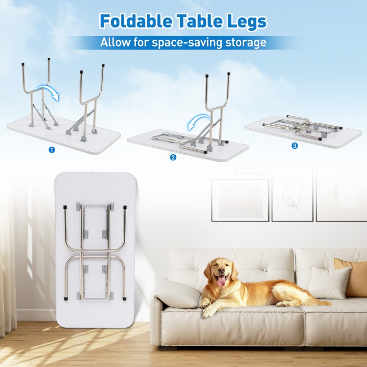 Foldable dog grooming table featuring height adjustable arms, sturdy frame, and space-saving legs for easy storage.