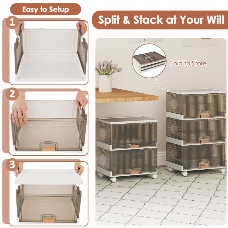 Three stackable storage bins with detachable wheels, featuring a modular design and front/top openings for easy access.