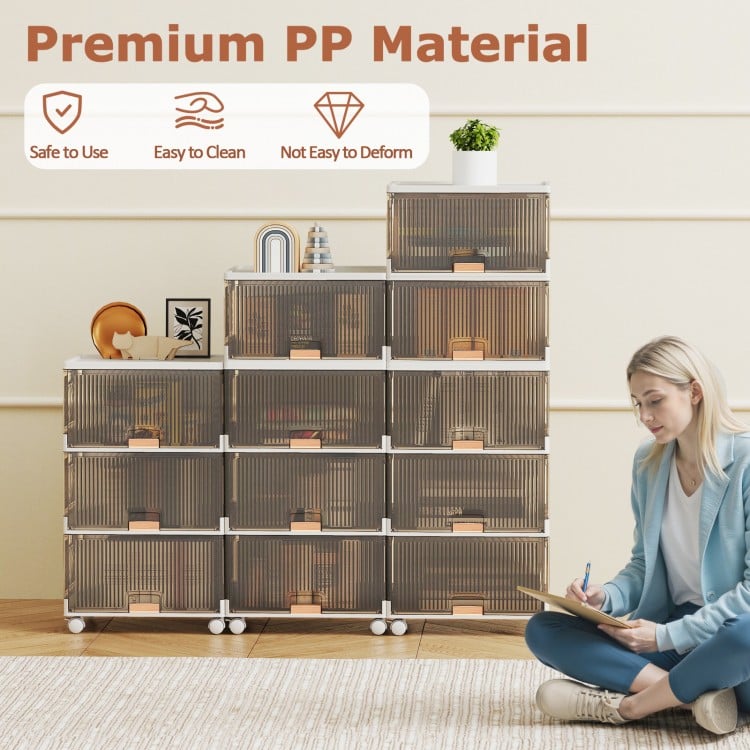 Stackable 3-cube storage bins with detachable wheels in premium PP material, featuring top and front openings for easy.