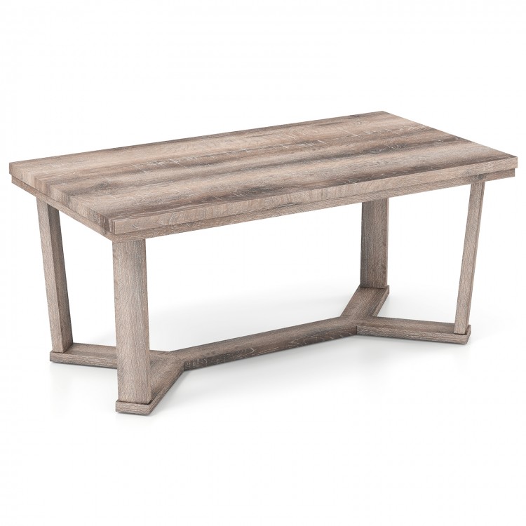 Rectangle coffee table in gray rubber wood with a cross-shaped base, featuring a wide tabletop for convenient storage.