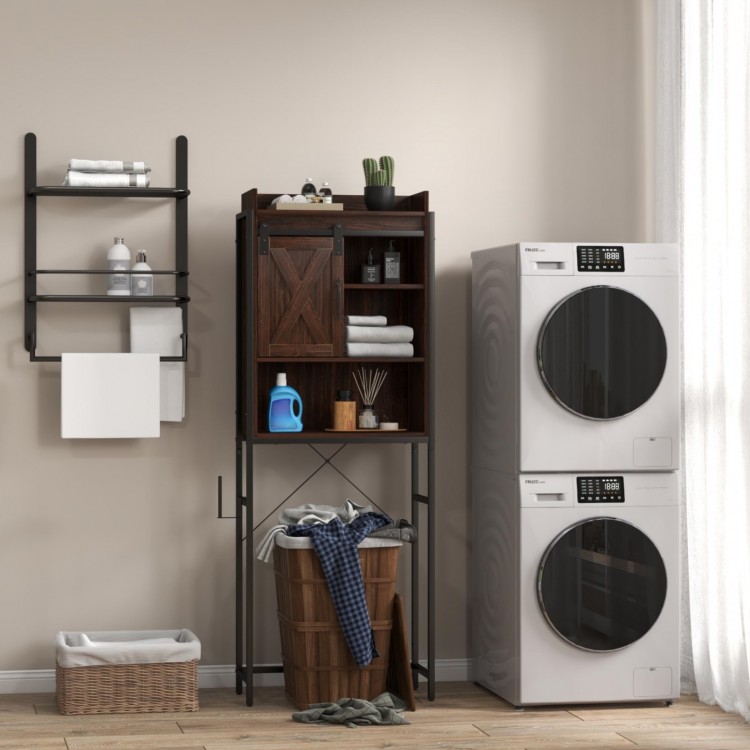 Wooden cabinet with drawers, wall-mounted storage, clothes dryer, and bamboo laundry basket for efficient laundry.