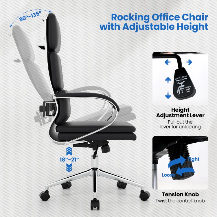 Ergonomic black leather office chair with adjustable height, rocking function, and lumbar support for ultimate comfort.