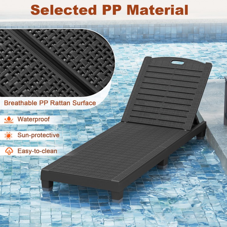 Black outdoor PP chaise lounge chair with adjustable backrest, perfect for sunbathing and easy to clean.
