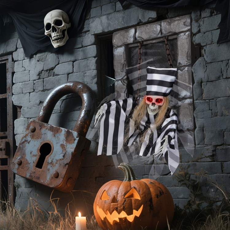Hanging 18-inch animated skull prisoner decoration with LED eyes and sound effects for immersive Halloween scares.