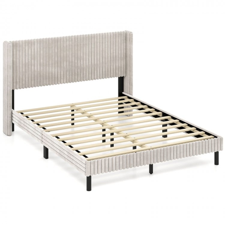 Queen size velvet bed frame with vertical channel tufted wingback headboard in white, offering modern elegance and.