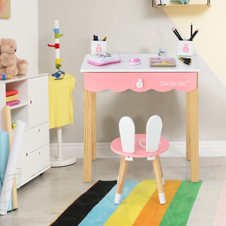 Kids vanity set featuring a rabbit-themed table and chair, with a detachable mirror and storage for cosmetics and.
