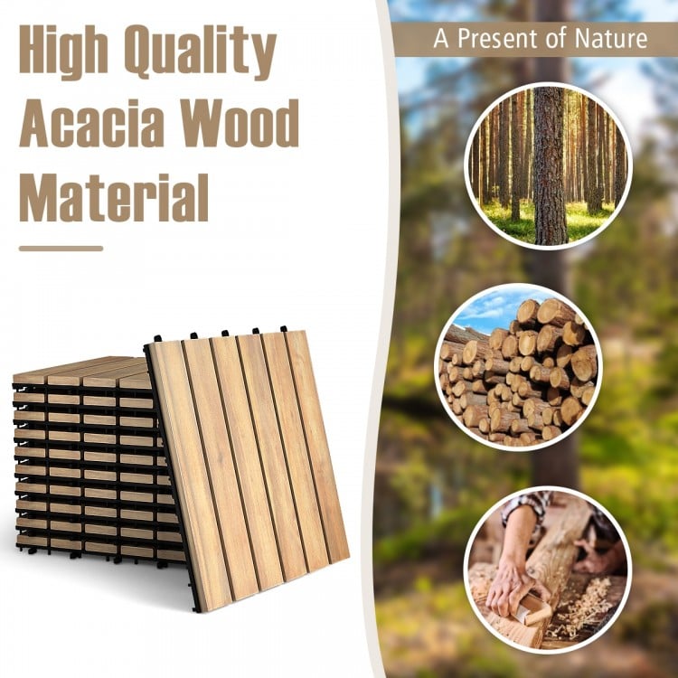 Acacia wood interlocking tile flooring, 10 pieces, 12 x 12 inches, weather-resistant for garden or balcony use.