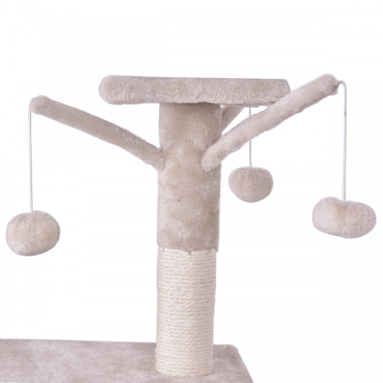 Cat play tree with two platforms and fluffy balls, made of MDF and carpet, perfect for scratching and lounging.