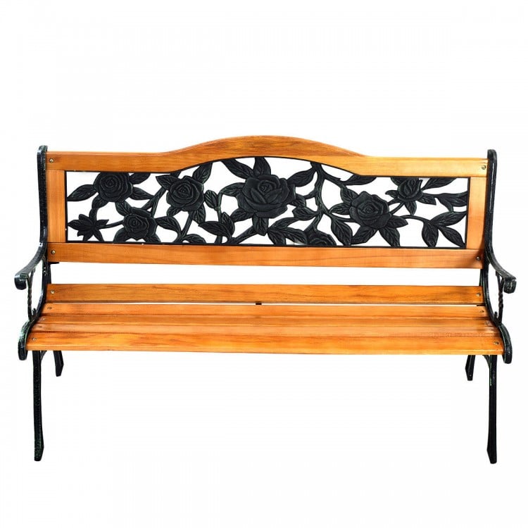 Outdoor cast iron patio bench with rose design, solid wood seat, 49.5" x 20.5" x 30", seats three adults comfortably.