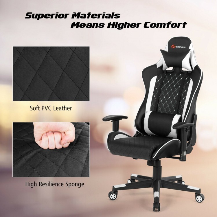 Massage gaming chair featuring soft PVC leather, high resilience sponge, and lumbar support for ultimate comfort.