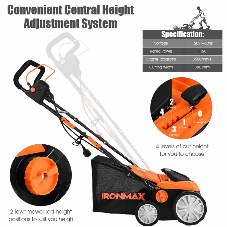 15-inch electric scarifier with adjustable height lever, 50L collection bag, and removable blades for efficient lawn.