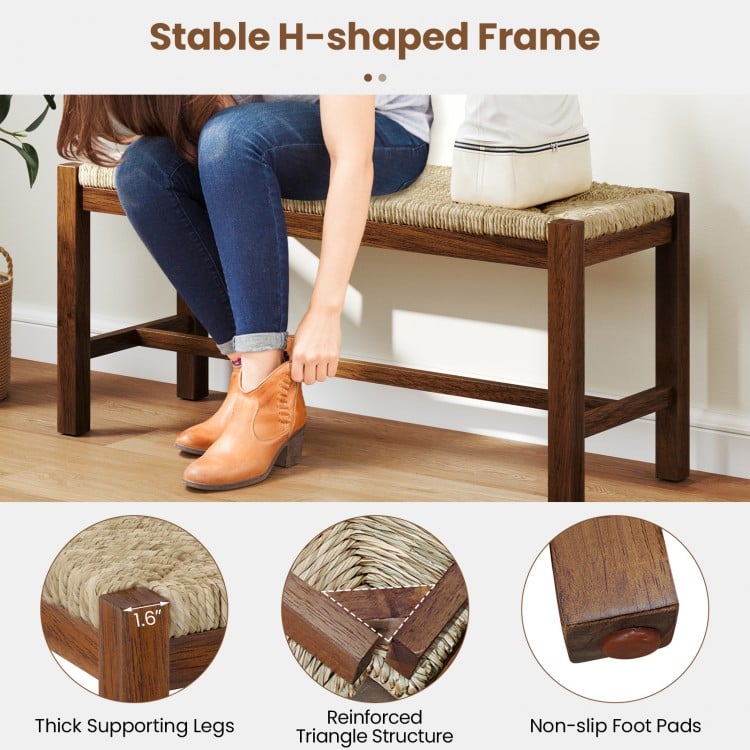40-inch wood bench with solid rubber wood frame and hand-woven seagrass seat, perfect for entryways or dining rooms.