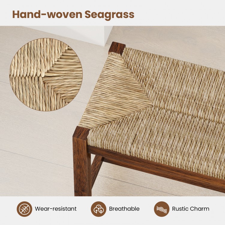 Hand-woven seagrass seat detail of a 40-inch walnut wood bench with solid rubber wood frame, perfect for stylish.