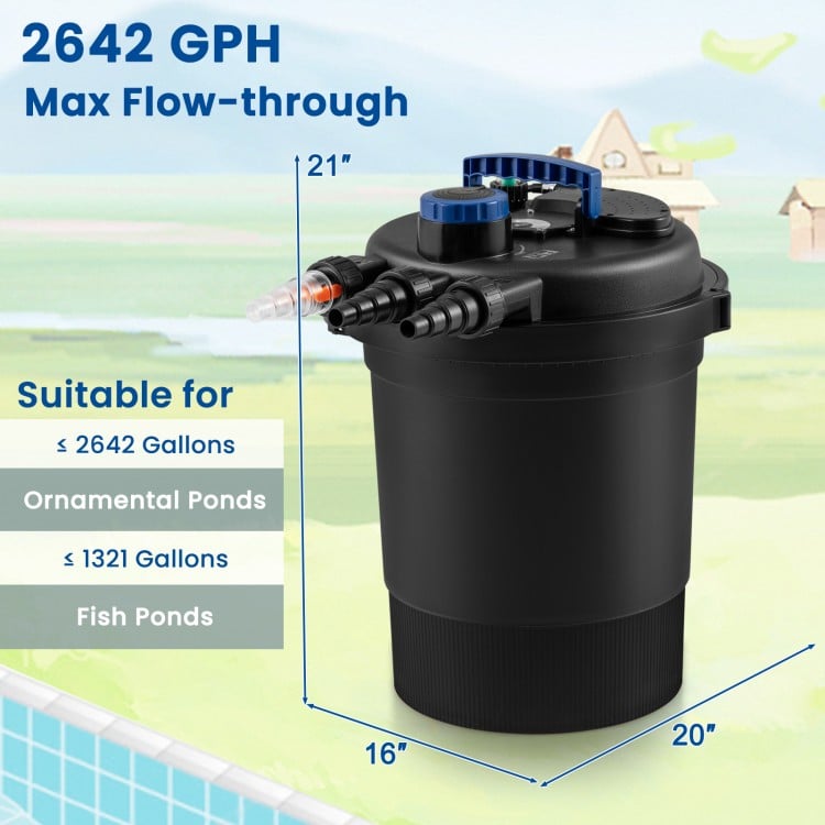 Pond pressure bio filter with 13W UV light, 2642 GPH flow, made of durable ABS, suitable for ponds and aquariums.