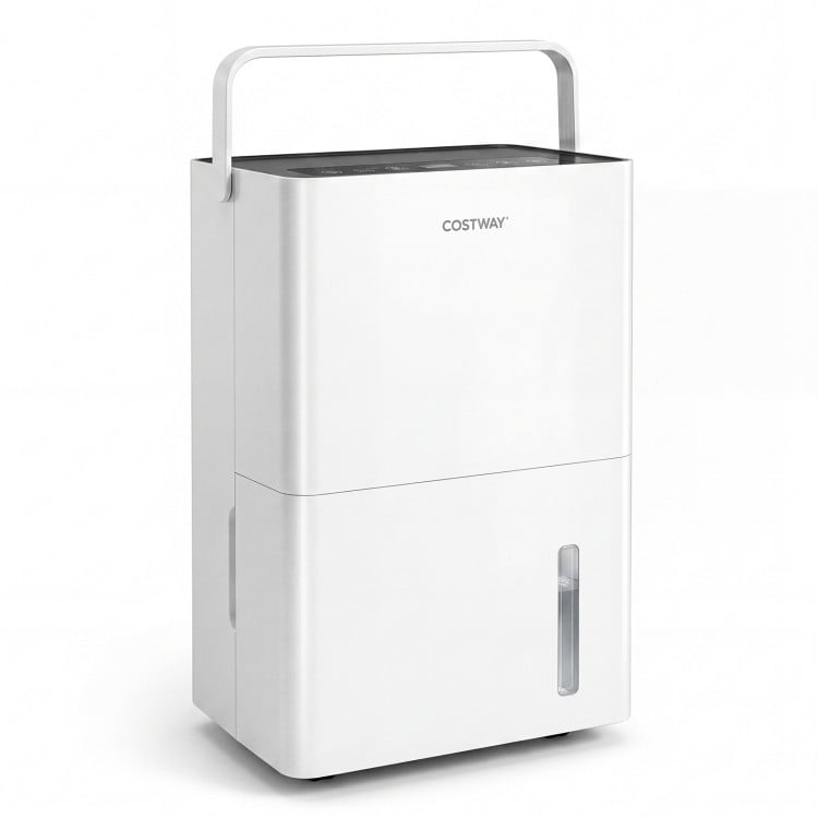 White 80 Pint Compressor Dehumidifier with a top handle, LED display, and child lock for home humidity control.