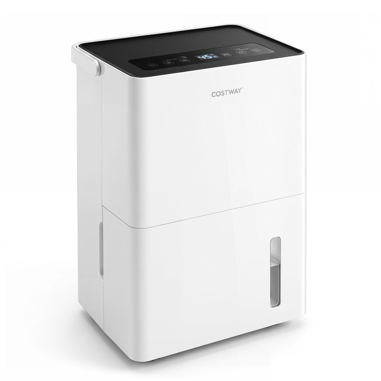 Compact 80 pint compressor dehumidifier with smart humidity control and child lock, ideal for up to 4000 sq.ft spaces.