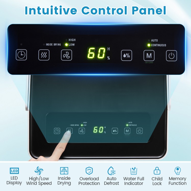 Intuitive control panel with LED display for the 4000 Sq.Ft 80 Pint compressor dehumidifier with child lock feature.