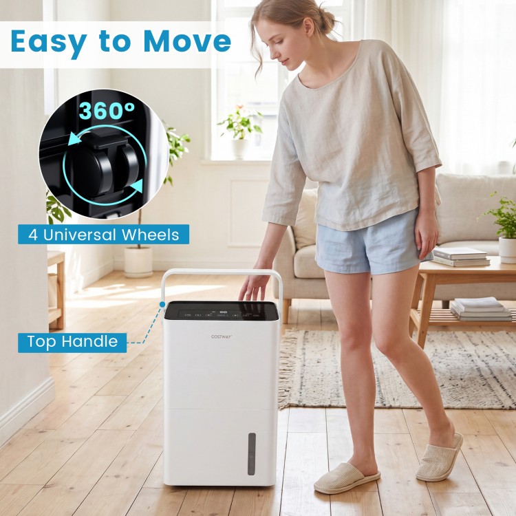 The 4000 Sq.Ft 80 Pint Compressor Dehumidifier features a top handle and 4 universal wheels for easy mobility in any room.