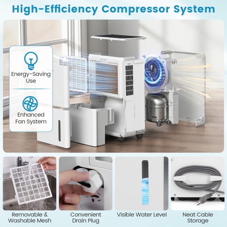 High-efficiency 4000 Sq.Ft dehumidifier with drain hose, visible water level, and user-friendly control panel for home use.