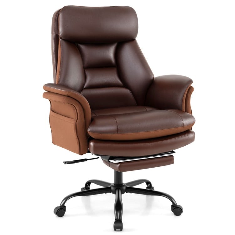 Ergonomic big and tall office chair in brown faux leather features adjustable height, reclining backrest, and retractable footrest.