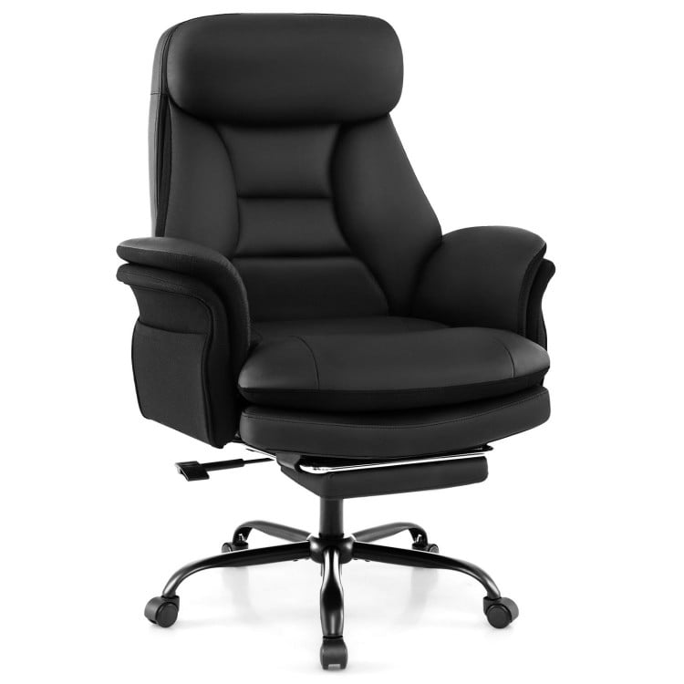 Ergonomic big and tall office chair in black faux leather with adjustable armrests, reclining backrest, and retractable footrest.
