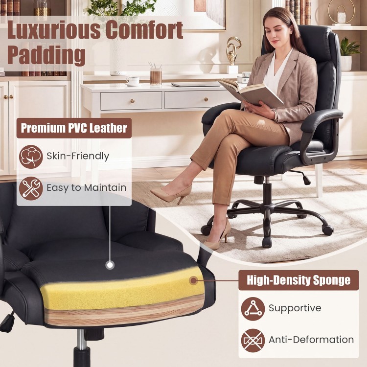 High back leather office chair with adjustable height, high-density sponge cushion, and ergonomic design for comfort.