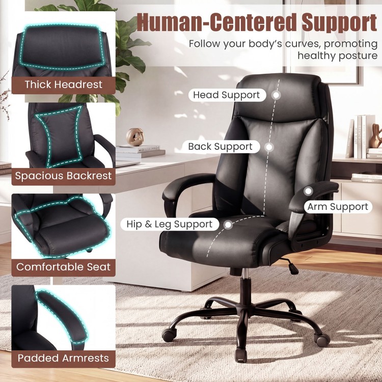 Adjustable high back leather office chair with ergonomic support, 400 lbs capacity, and padded armrests for comfort.