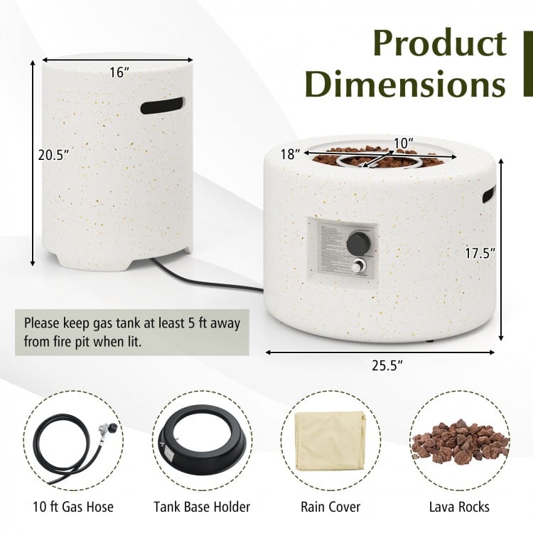 Fire pit table set with hideaway tank holder, made of terrazzo, featuring a 40,000 BTU output for outdoor warmth.