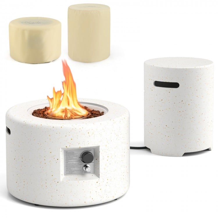 Terrazzo fire pit table set with 40,000 BTU output, includes hideaway tank holder and rain covers for durability.