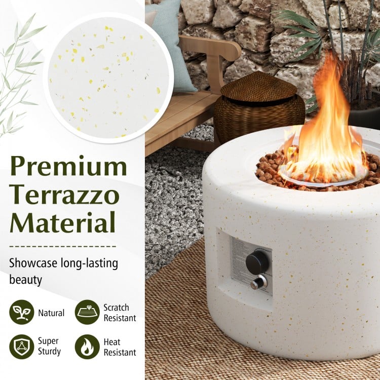 Terrazzo fire pit table set with 40,000 BTU output, featuring a hideaway tank holder for outdoor warmth and style.