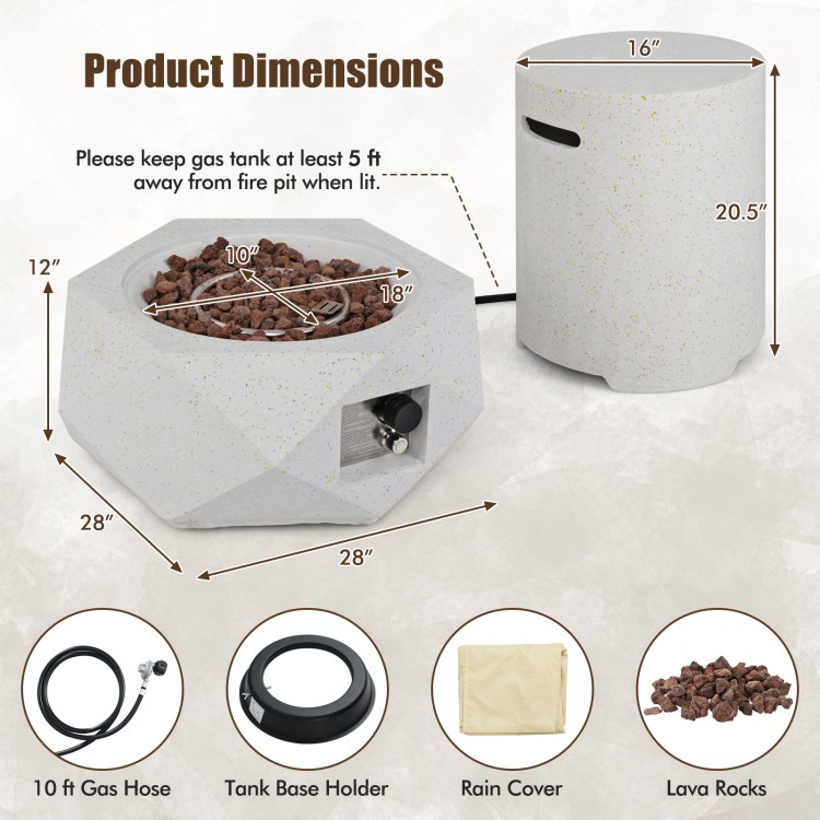 40,000 BTU fire pit table set with stainless steel burner, terrazzo design, includes rain cover and gas tank holder.