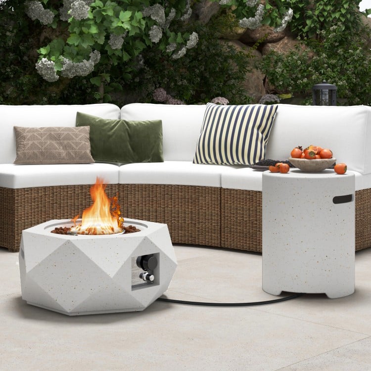 Terrazzo fire pit table set with stainless steel burner, 40,000 BTU, ideal for outdoor warmth and relaxation.