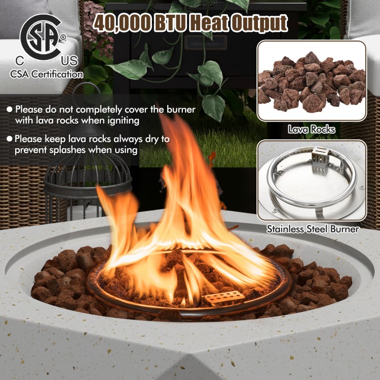 Fire pit table set featuring a stainless steel burner and lava rocks, providing 40,000 BTU heat output for outdoor.