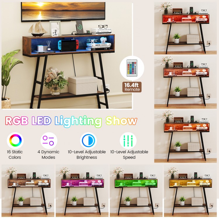 40" rustic brown console table with charging station, RGB LED lights, and open compartment for versatile use.