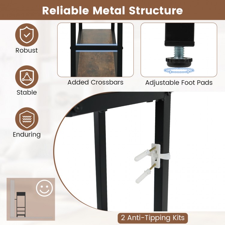Close-up of the 40" console table's robust metal structure with adjustable foot pads and anti-tipping kits for safety.