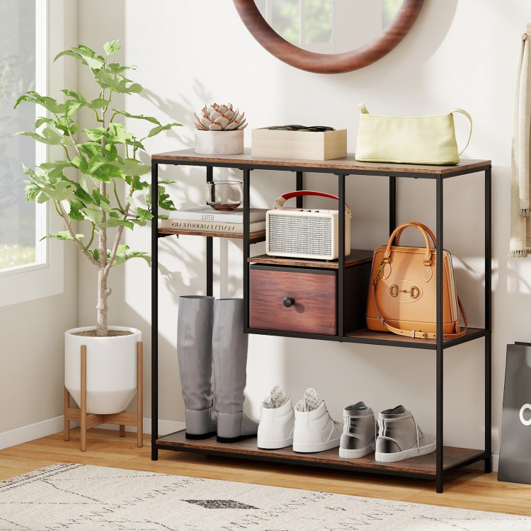 Rustic brown 40-inch console table with staggered shelves and a fabric drawer, ideal for entryway or living room.