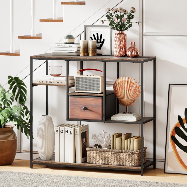 Rustic brown 40-inch console table with staggered shelves and a fabric drawer, ideal for living room or entryway.