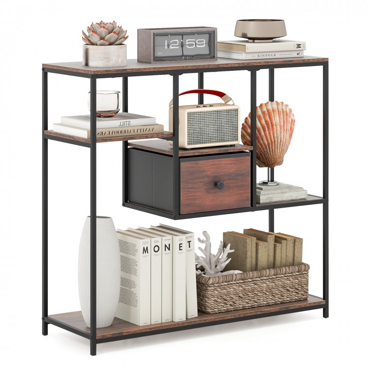 Rustic brown 40-inch console table with staggered shelves and a fabric drawer, ideal for living room storage and.