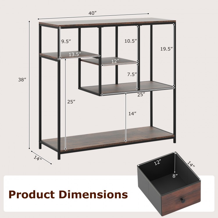 Dimensions of a 40-inch rustic brown console table with staggered shelves and fabric drawer, suitable for versatile.