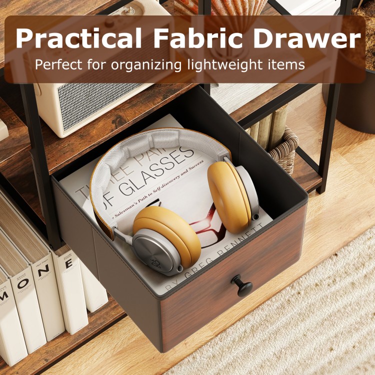 Fabric drawer in rustic brown console table, ideal for organizing lightweight items in entryway or living room.