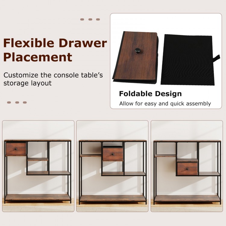 40-inch rustic brown console table with flexible drawer placement, sturdy metal frame, ideal for entryway or living.