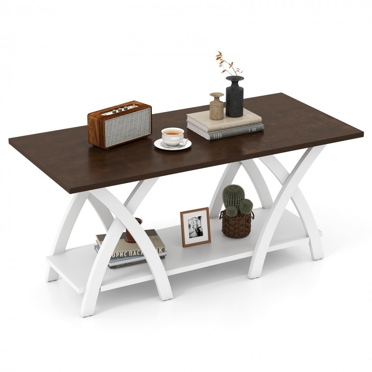 Walnut 40-inch farmhouse coffee table with X-shaped support, 2-tier storage shelf, perfect for living room organization.