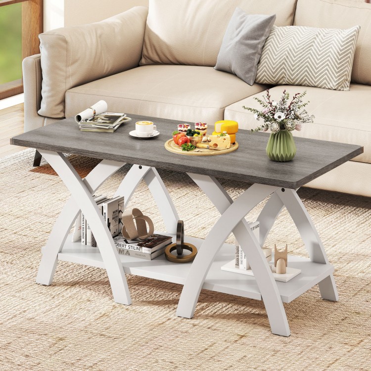 Gray 40-inch farmhouse coffee table with X-shaped legs, featuring a spacious top and open storage shelf for tidy living.